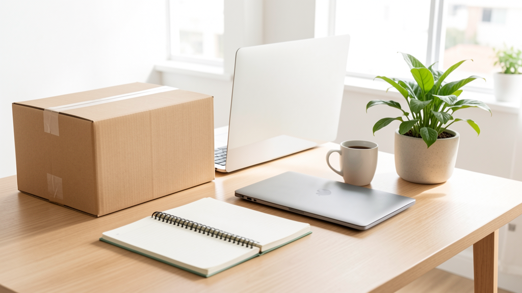 Pequeno negócio com caixas, notebook e planta em um escritório limpo e editorial