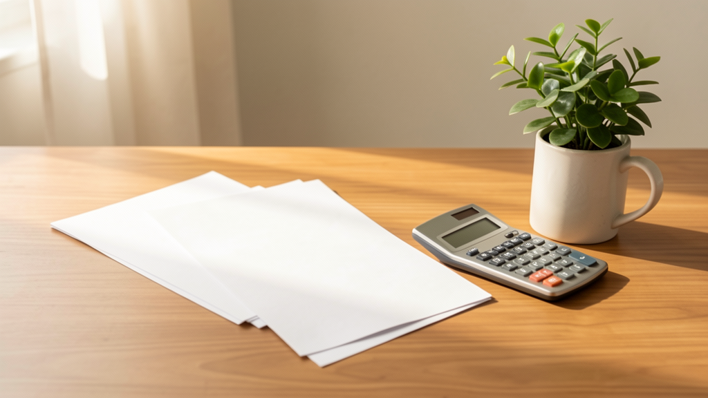 Mesa calma e organizada com papéis em branco, calculadora e planta para a declaração do MEI sem faturamento