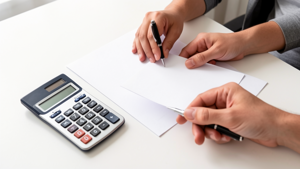 Mãos preenchendo papel em branco com calculadora ao lado para revisar dados do MEI