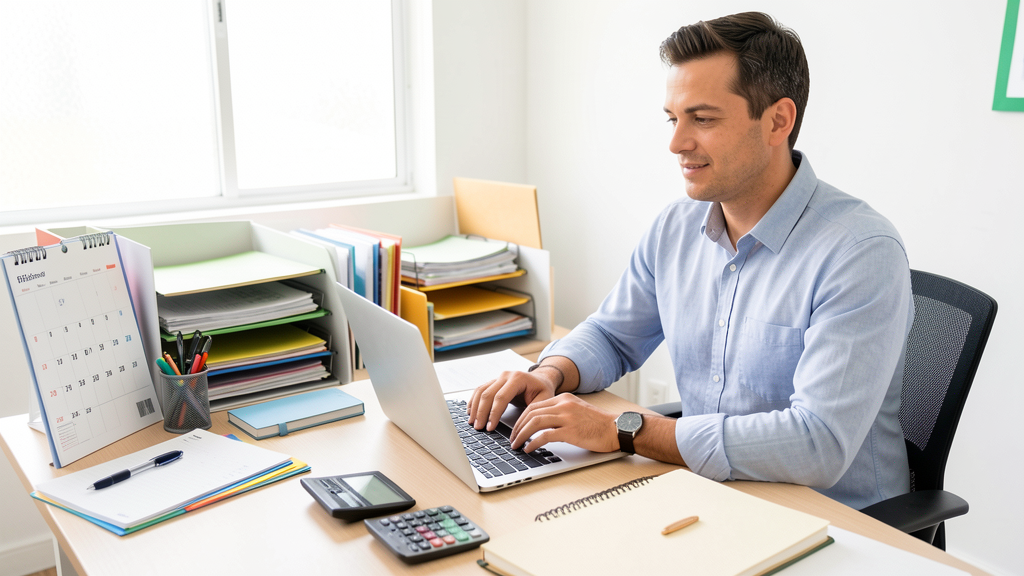 Empreendedor organizando a declaração anual do MEI com calendário, calculadora e documentos