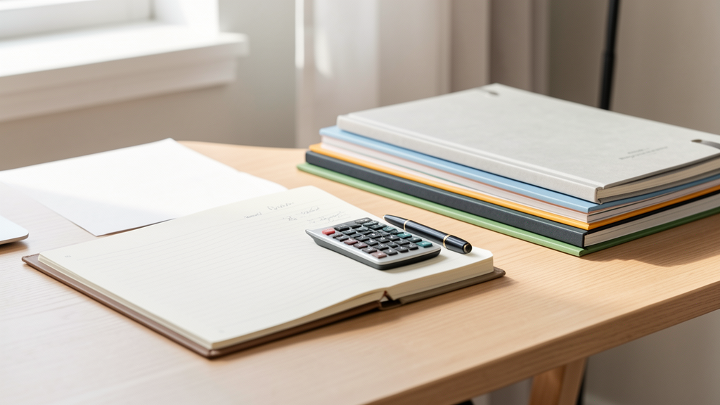 Mesa de finanças do MEI com bloco de notas, calculadora e pastas organizadas