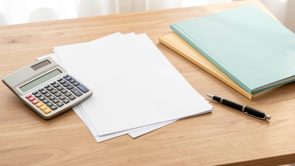 Mesa organizada com papéis em branco, calculadora e pasta para revisar a declaração anual do MEI