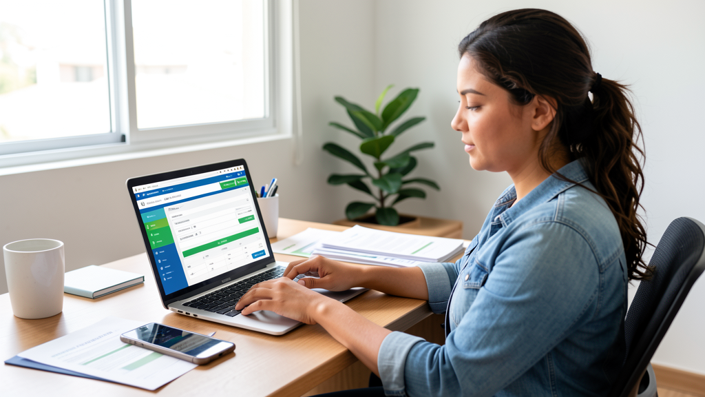 Empreendedor MEI usando notebook para emitir nota fiscal em ambiente organizado