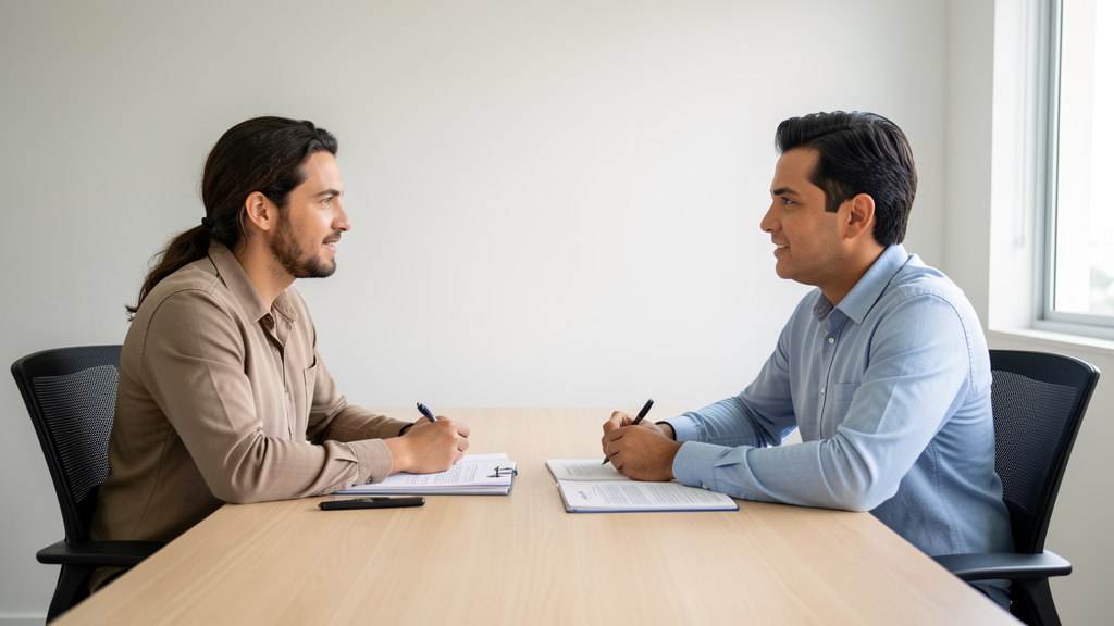Dois profissionais conversando em reunião sobre contratação de funcionário no MEI