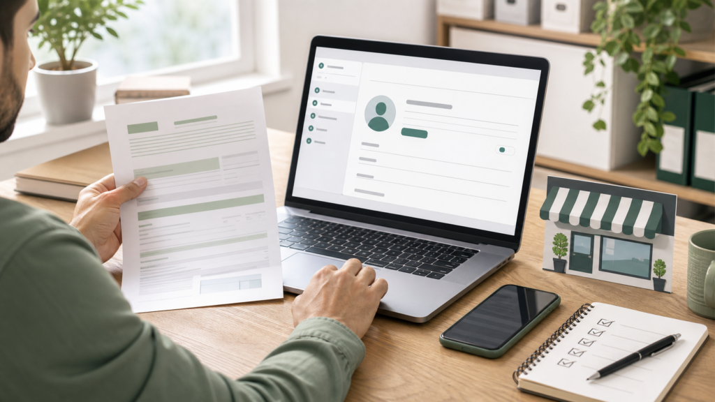 Microempreendedor revisa documentos e atualiza dados cadastrais do MEI em um laptop
