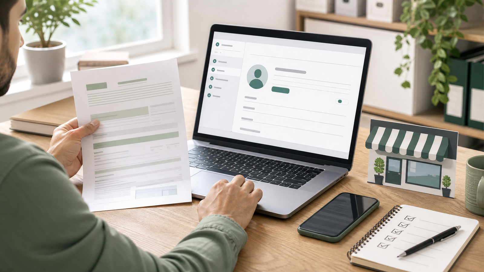 Microempreendedor revisa documentos e atualiza dados cadastrais do MEI em um laptop
