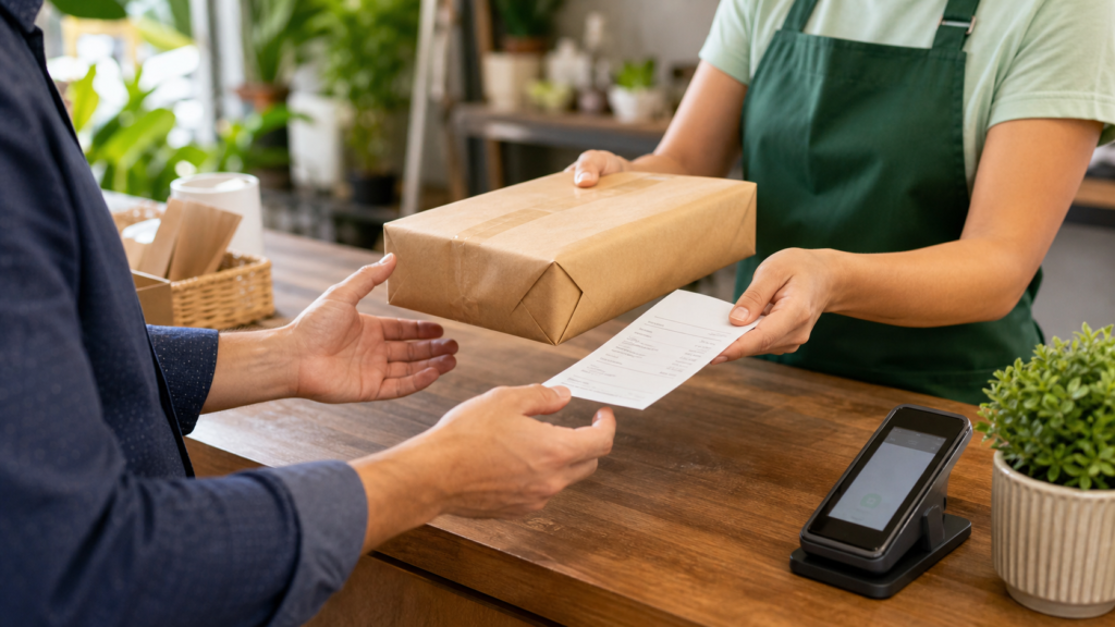 MEI entregando pacote e comprovante fiscal a cliente empresa em balcão de atendimento