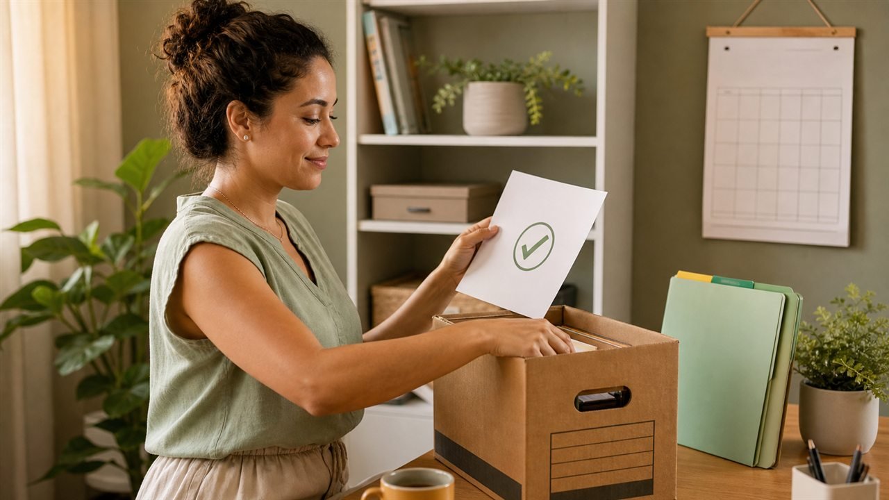 Microempreendedora organizando comprovantes finais após encerrar o MEI