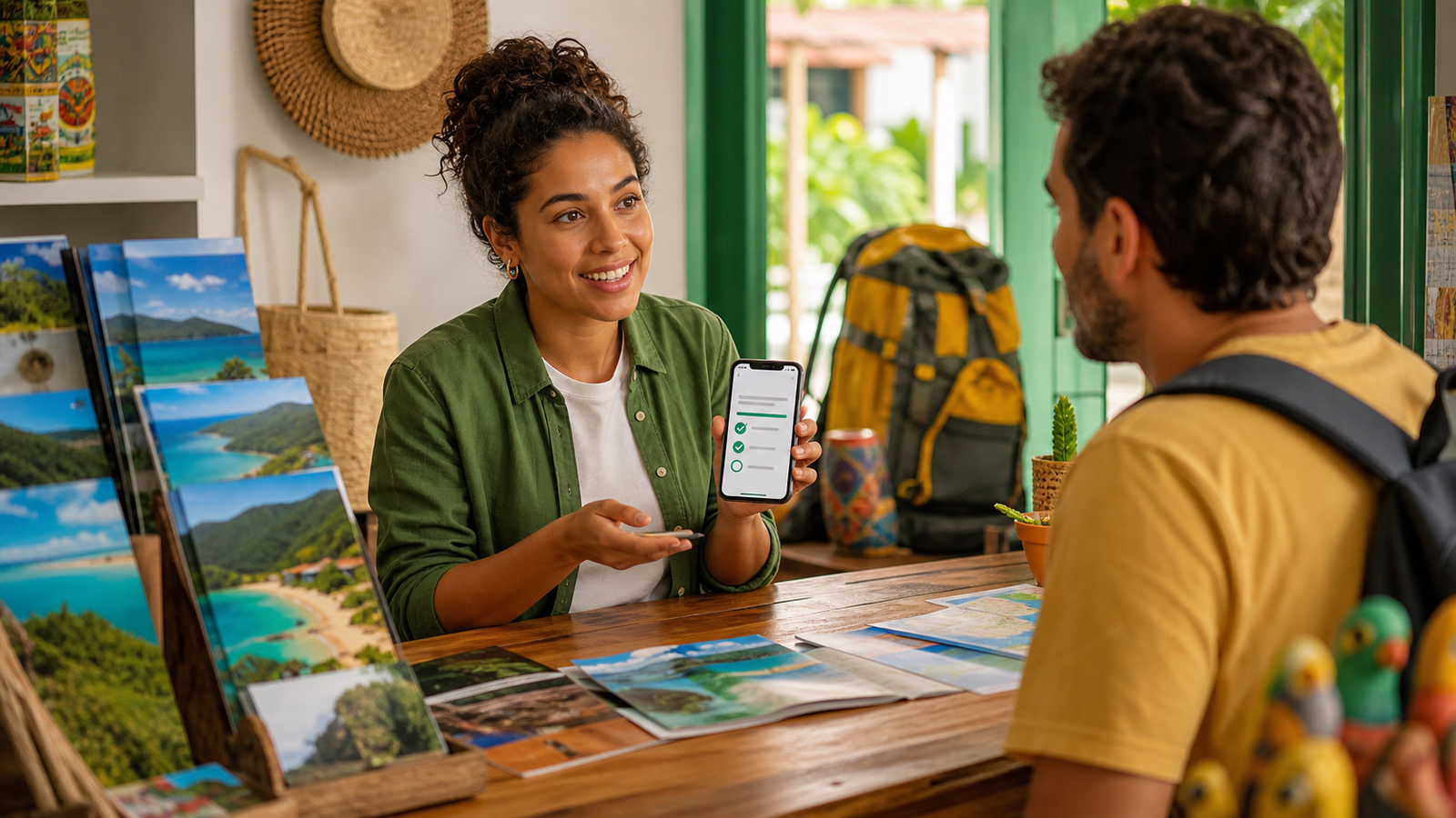 Microempreendedora do turismo atende cliente em balcão e confere cadastro no celular