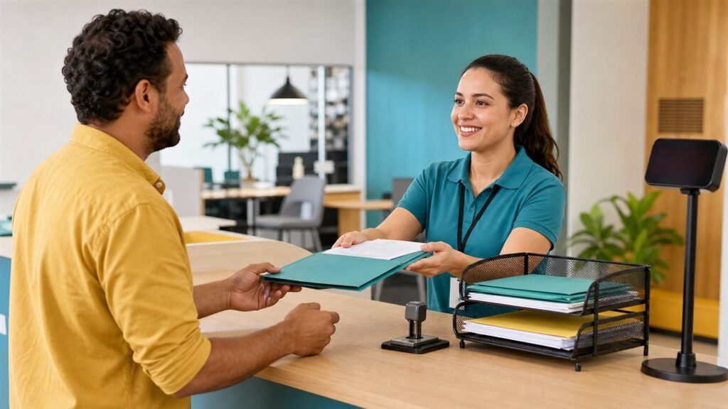 Microempreendedor recebendo pasta com documentos de regularidade fiscal e certidões do MEI