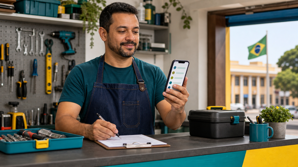 Microempreendedor individual preparando proposta de servico em oficina para oportunidade do Contrata Brasil