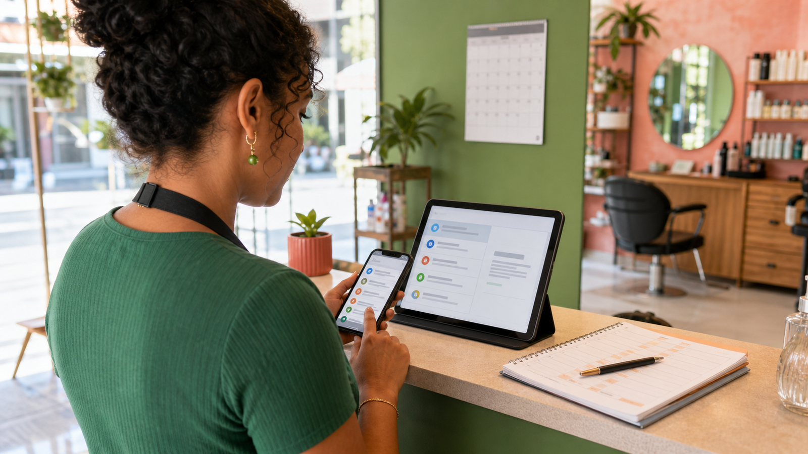 Microempreendedora em um pequeno salão consultando avisos oficiais do MEI em celular e tablet