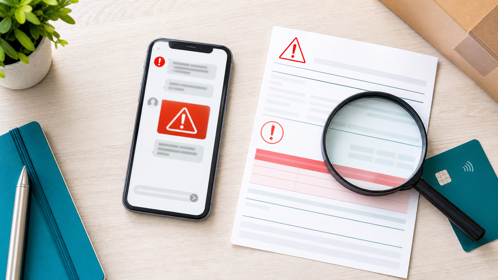 Celular com mensagem suspeita, cobrança e lupa representando a verificação de golpes contra o MEI