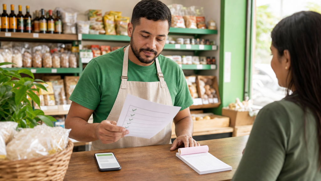 MEI em pequeno comercio conferindo checklist de Inscricao Estadual e nota fiscal