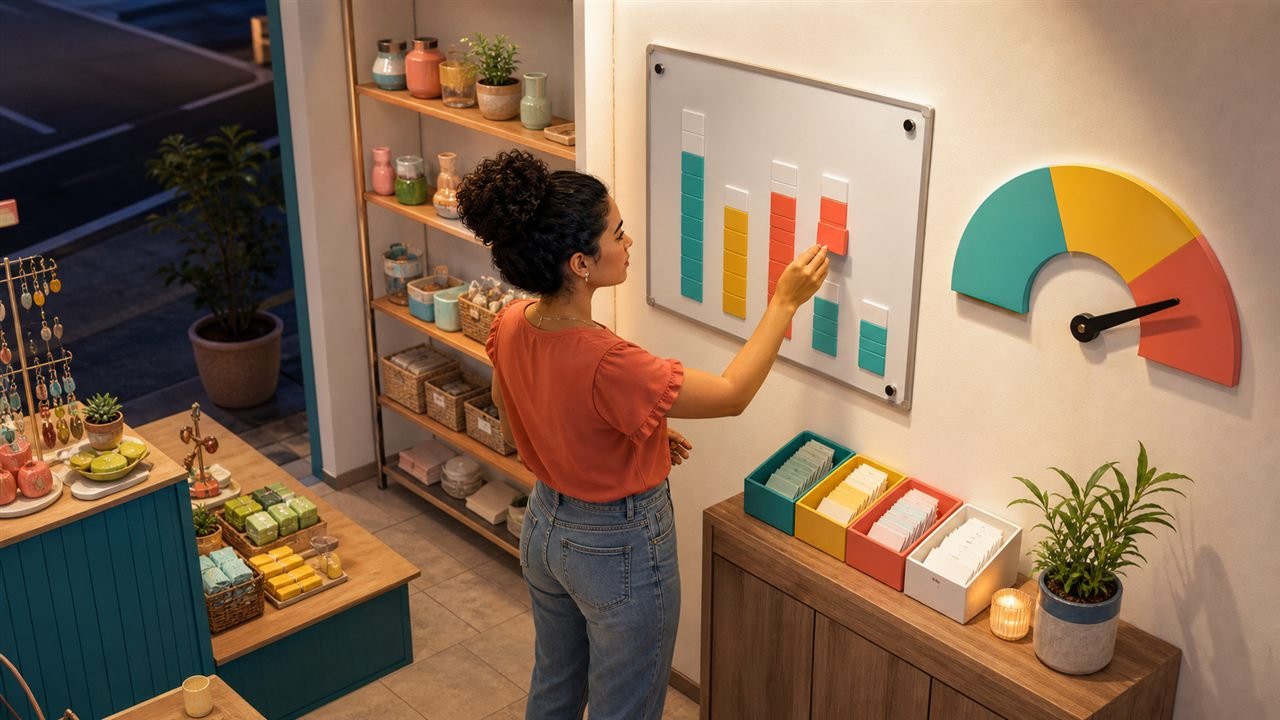Microempreendedora organizando vendas mensais para acompanhar o limite de faturamento do MEI