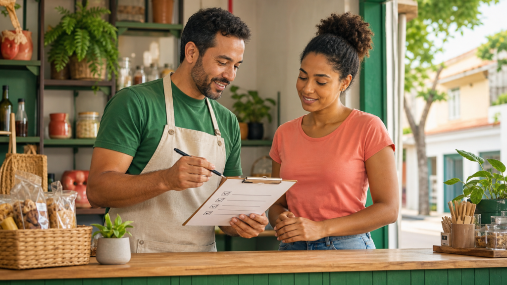 Microempreendedor e nova funcionária conferindo checklist para admissão no eSocial em pequeno comércio