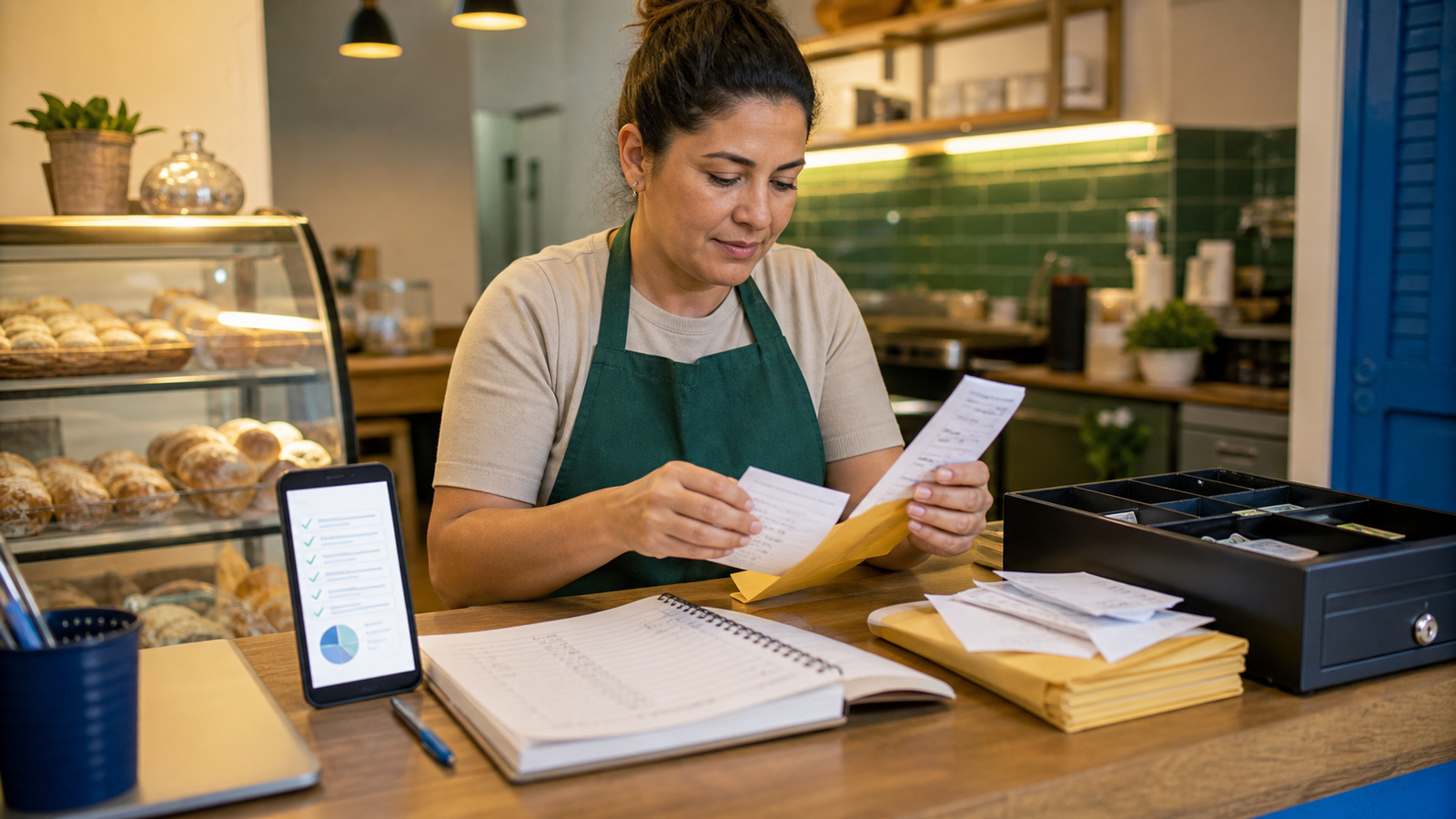 Microempreendedora organizando recibos e receitas mensais em pequeno comercio