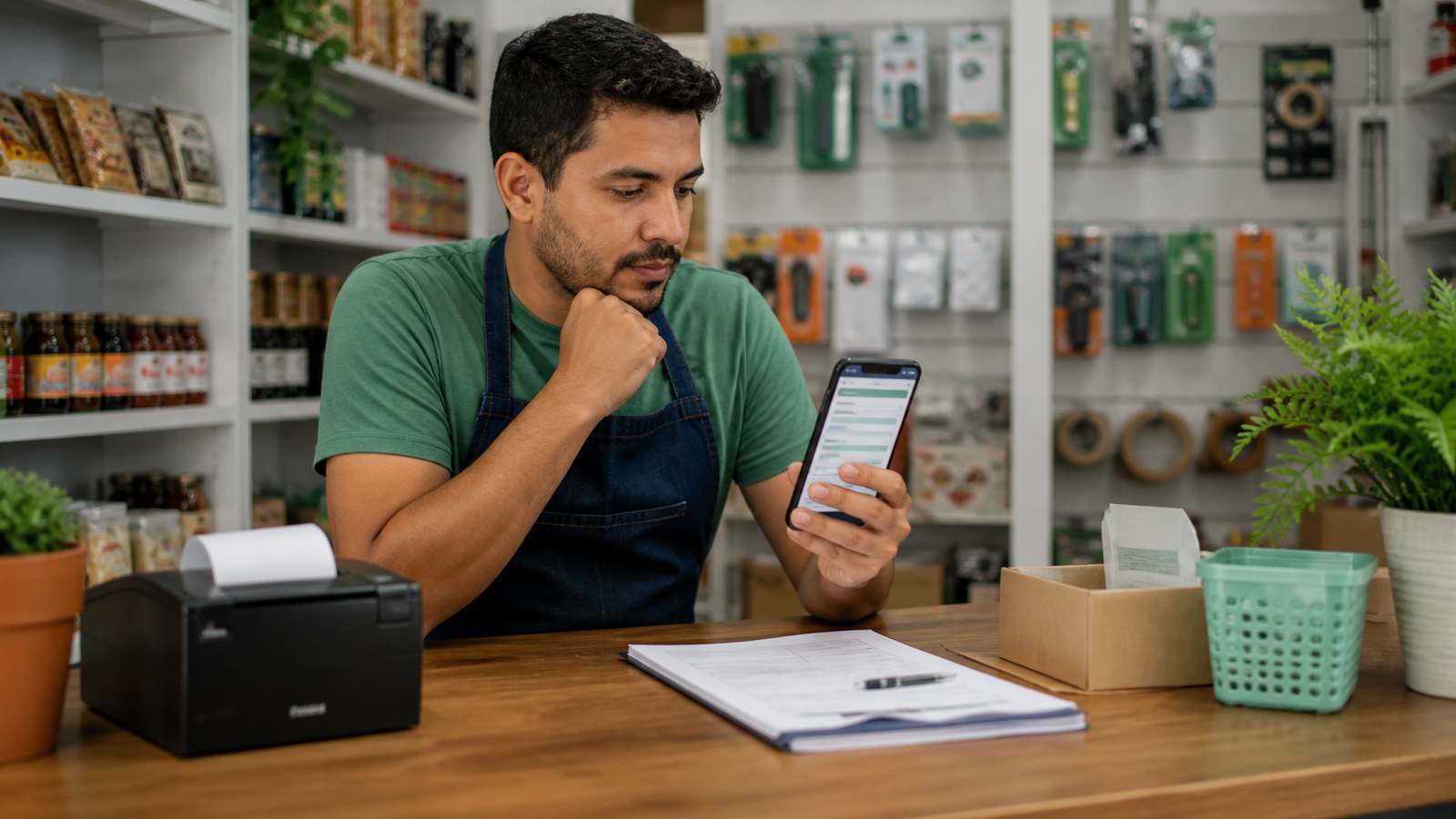 Microempreendedor em loja conferindo cadastro no celular após a chegada do CNPJ alfanumérico.
