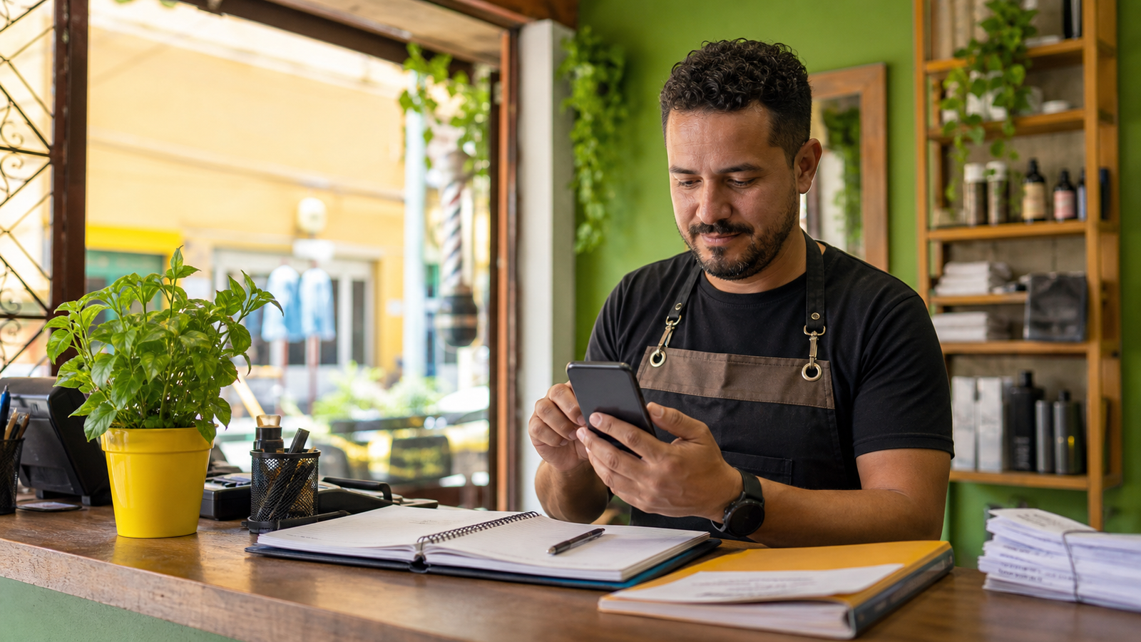 Microempreendedor individual conferindo avisos trabalhistas oficiais pelo celular em um balcão de atendimento organizado