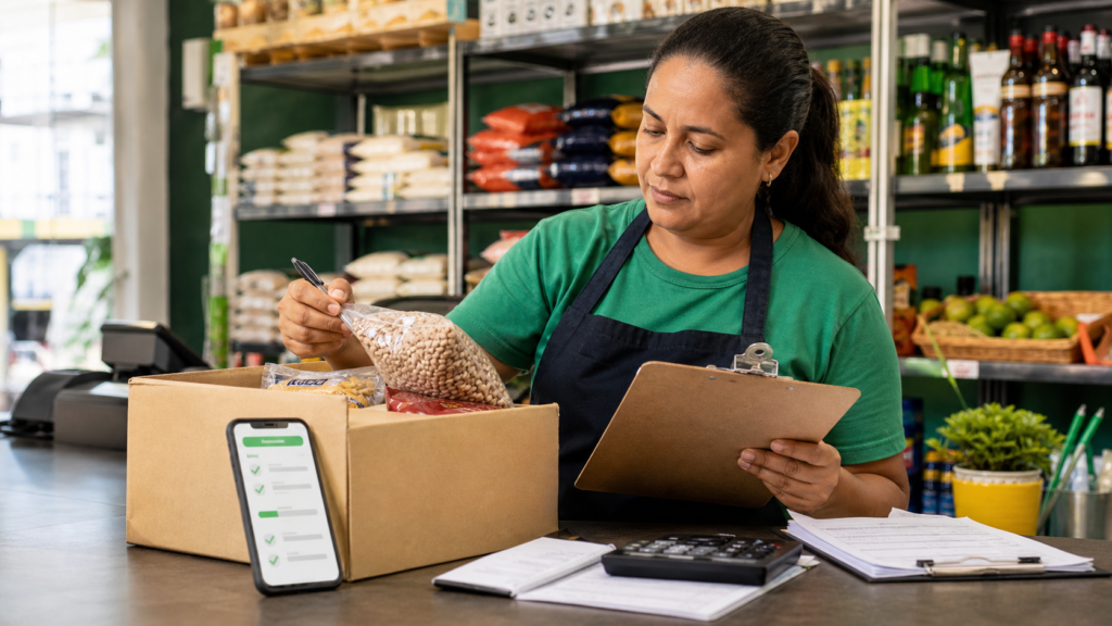Microempreendedora confere mercadorias e notas de compra em uma pequena loja.