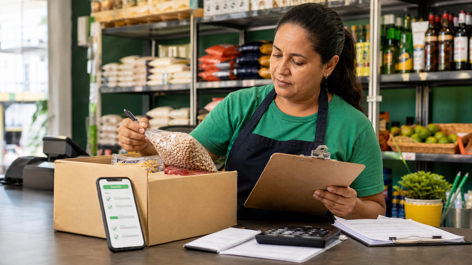 Microempreendedora confere mercadorias e notas de compra em uma pequena loja.