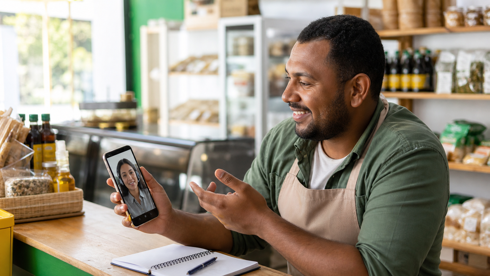 Microempreendedor em pequeno comércio usando celular para receber orientação contábil online
