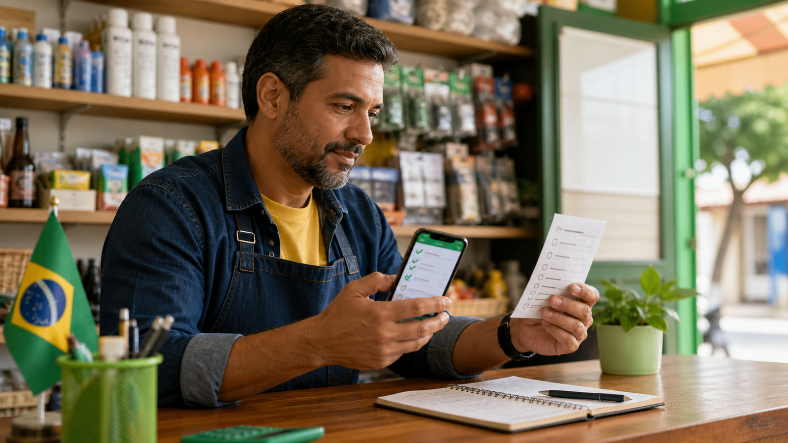 Microempreendedor confere ocupacoes permitidas para MEI e CNAE no celular dentro de um pequeno comercio