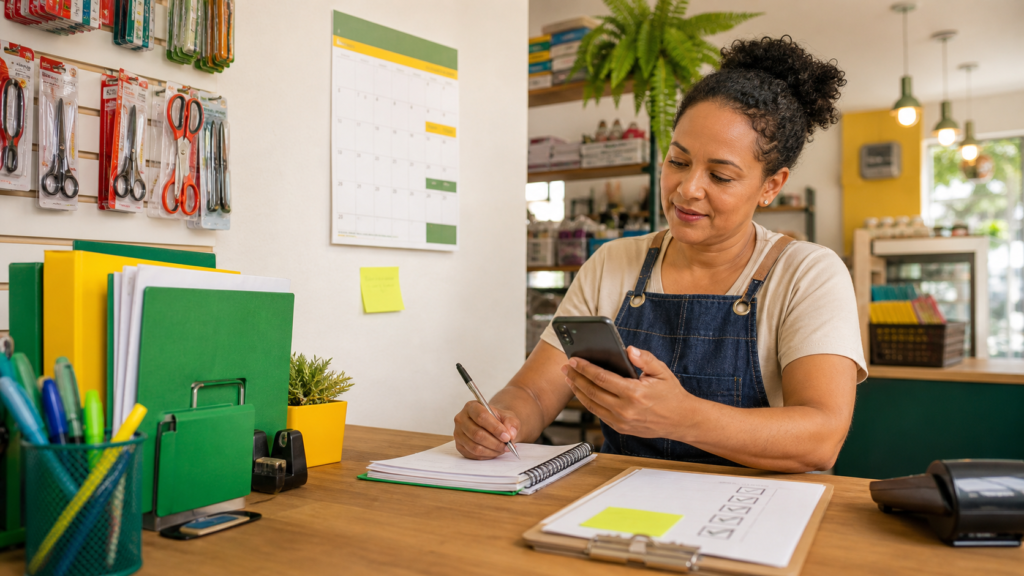 Microempreendedora em pequeno comércio conferindo calendário e obrigações do Simples Nacional pelo celular