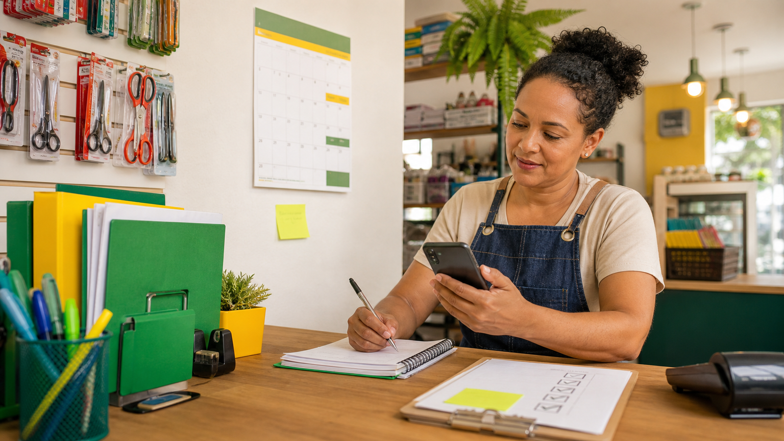 Microempreendedora em pequeno comércio conferindo calendário e obrigações do Simples Nacional pelo celular
