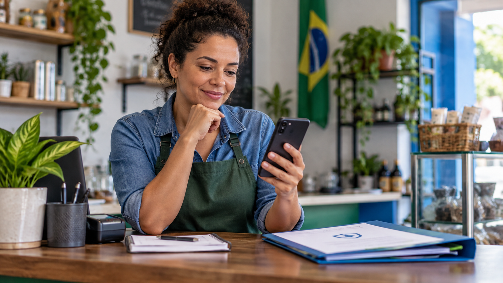 Microempreendedora confere celular em balcão de pequeno negócio para proteger CPF e CNPJ MEI