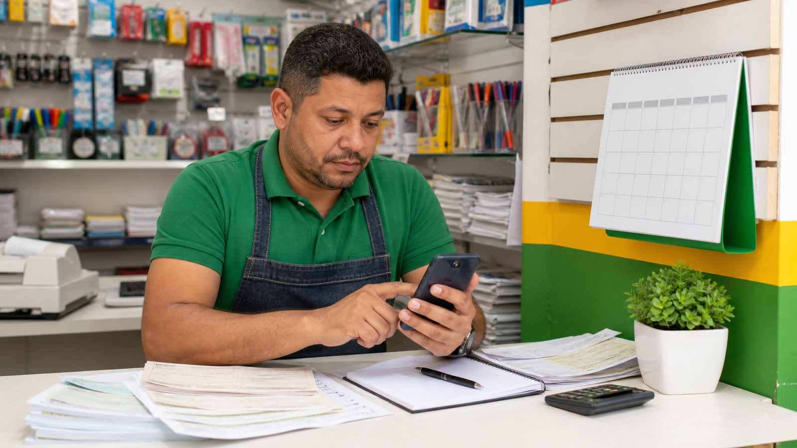 Microempreendedor organizando documentos e celular para regularizar debitos do MEI em ambiente de pequeno comercio